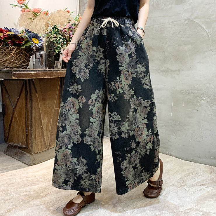 Loose Black Print Pockets Elastic Waist Wide Leg Pants Spring