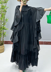 Loose Black Solid Ruffled Cotton Dresses Butterfly Sleeve