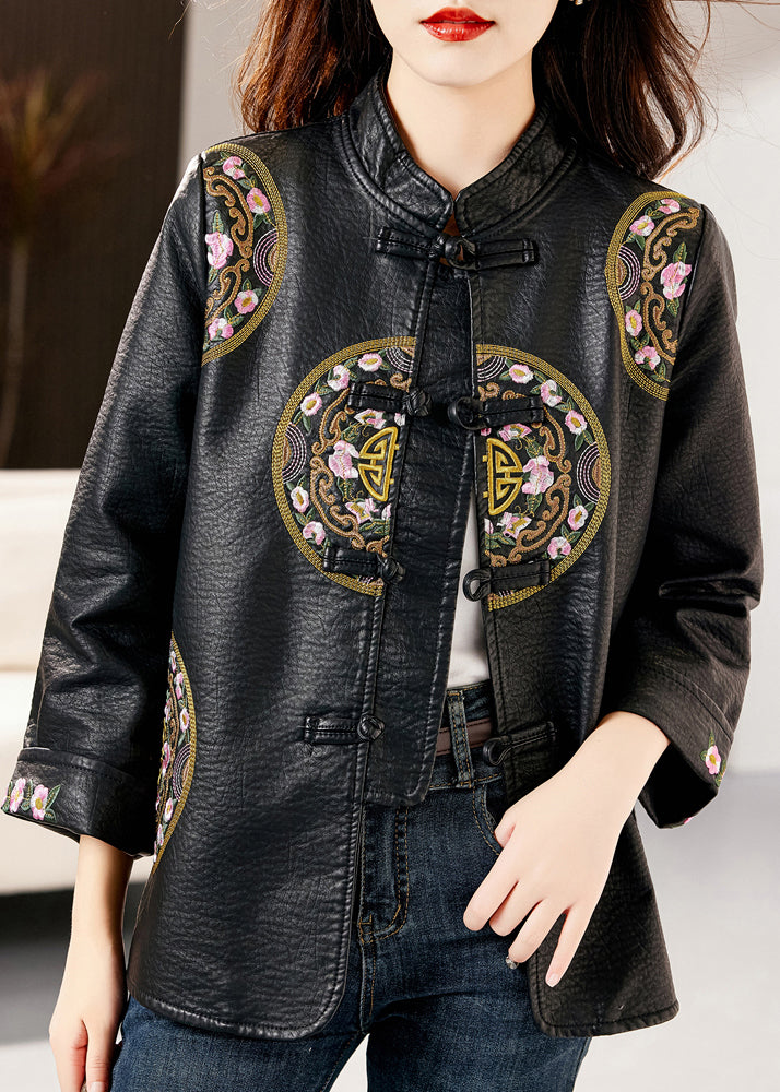 Loose Black Stand Collar Embroidered Chinese Button Faux Leather Jacket Fall