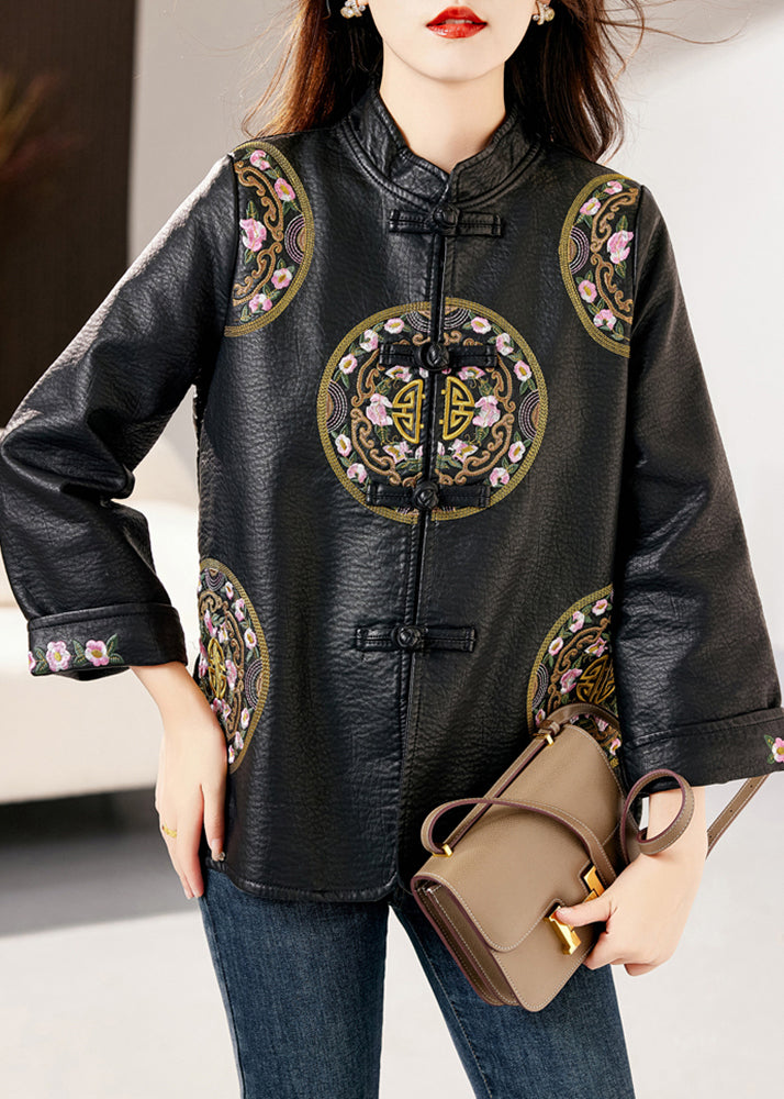 Loose Black Stand Collar Embroidered Chinese Button Faux Leather Jacket Fall