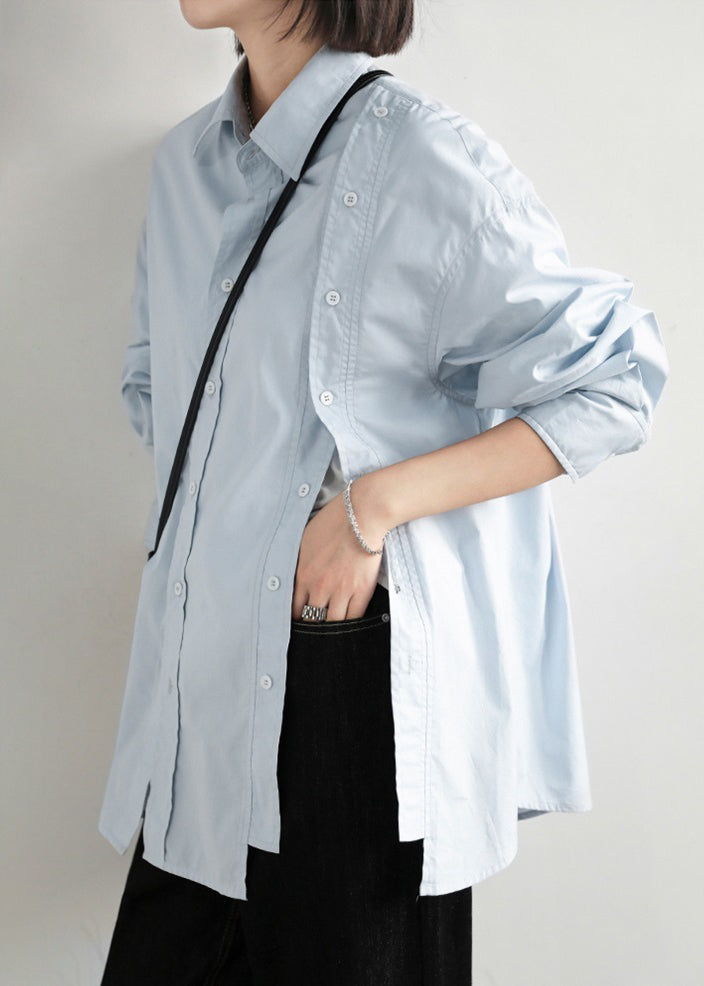 Loose Blue Asymmetrical Button Patchwork Cotton Shirt Top Fall