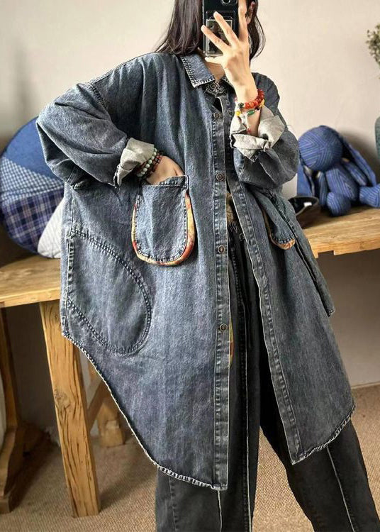 Loose Blue Button Pockets Patchwork Denim Shirts Long Sleeve