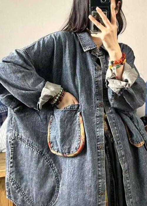 Loose Blue Button Pockets Patchwork Denim Shirts Long Sleeve