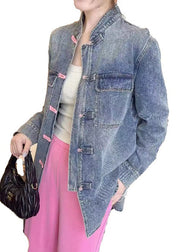 Loose Blue Embroidered Button Denim Coats Long Sleeve