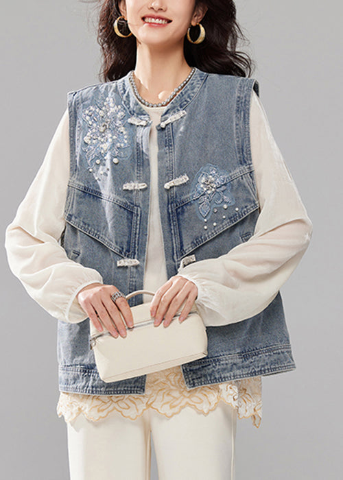 Loose Blue Nail Bead Button Pockets Denim Waistcoat Sleeveless