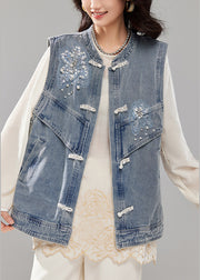 Loose Blue Nail Bead Button Pockets Denim Waistcoat Sleeveless