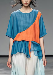 Loose Blue O Neck Asymmetrical Patchwork Cotton Top Summer