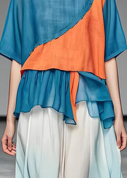 Loose Blue O Neck Asymmetrical Patchwork Cotton Top Summer