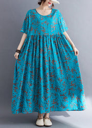 Loose Blue O Neck Print Wrinkled Cotton Dresses Summer