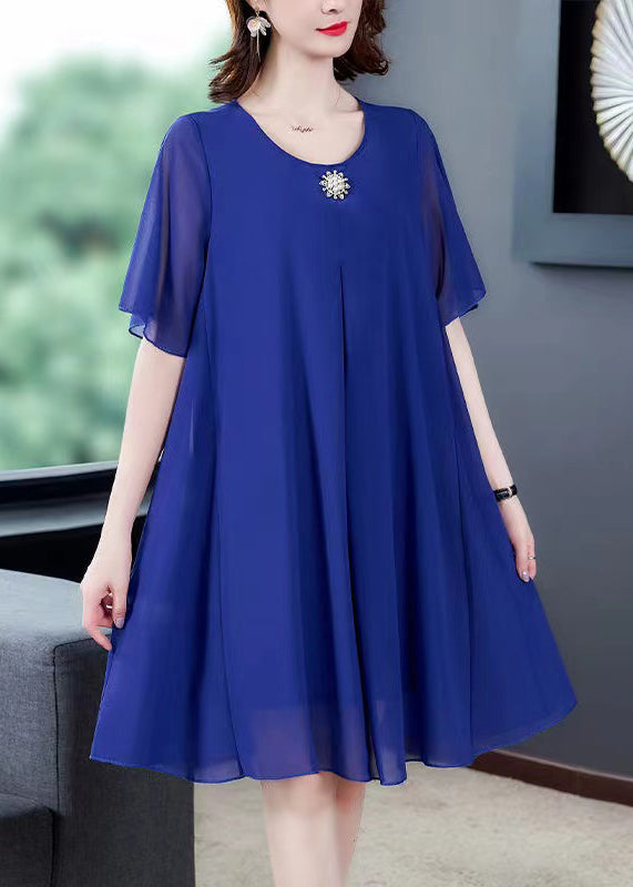 Loose Blue O Neck Solid Chiffon Dresses Summer