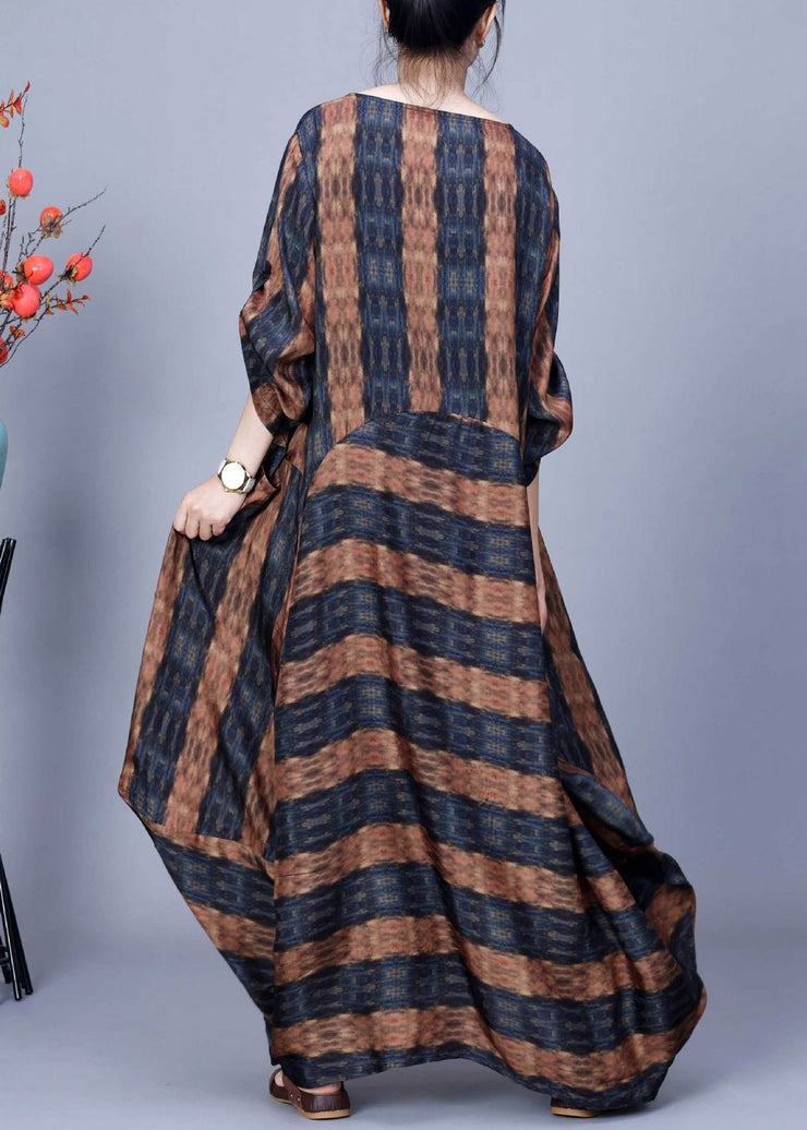 Loose Blue Striped O Neck Silk Maxi Dresses Bracelet Sleeve