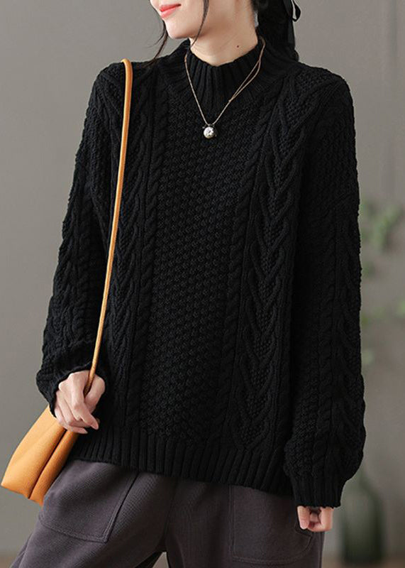 Loose Brown Half Hign Neck Cable Knitted Sweaters Spring