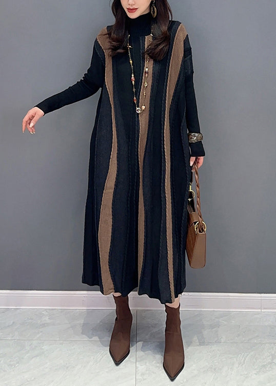 Loose Brown Striped Turtleneck Patchwork Knit Long Dresses Long Sleeve