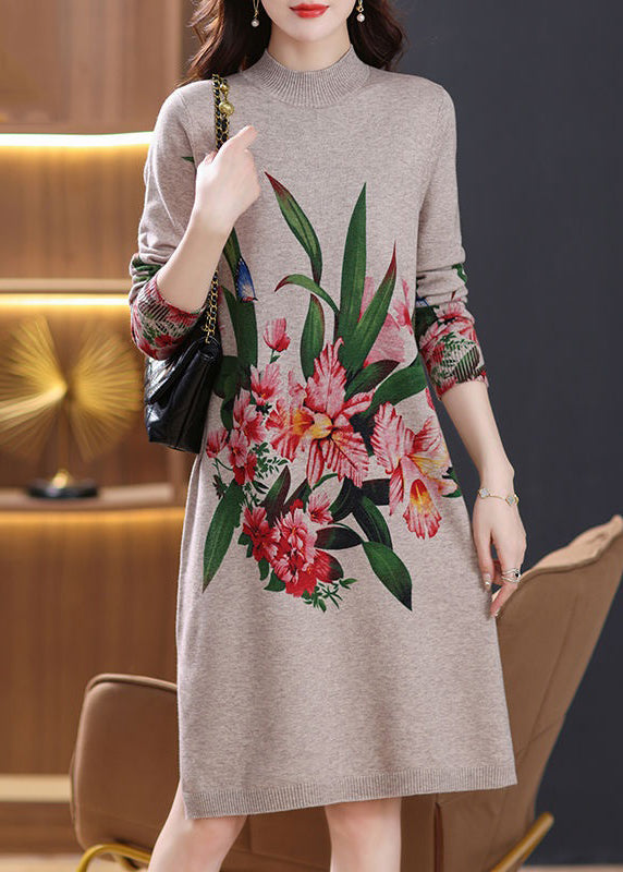 Loose Camel Turtleneck Print Wool Knit Dress Long Sleeve