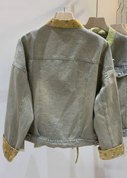 Loose Green Chinese Button Patchwork Denim Coats Long Sleeve