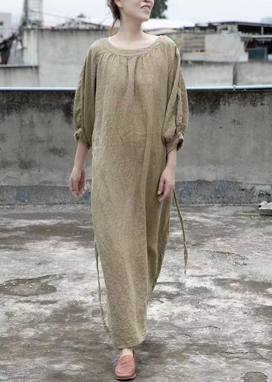 Loose Green O Neck Tie Waist Linen Dress Half Sleeve