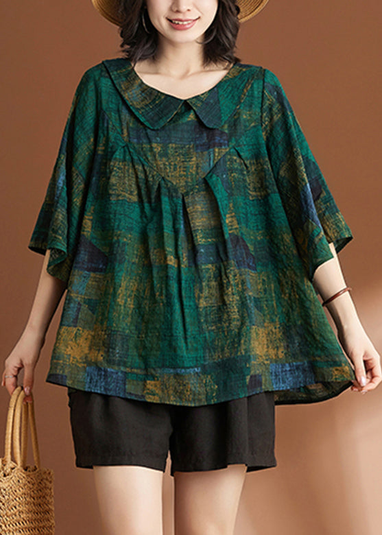 Loose Green Peter Pan Collar Print Shirt Short Sleeve