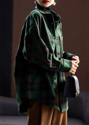 Loose Green Plaid Button Patchwork Woolen Shirt Spring