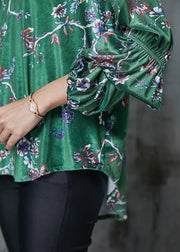 Loose Green Print Low High Design Silk Velour Shirt Spring