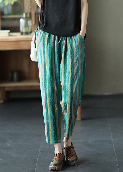 Loose Green Striped Elastic Waist Cotton Harem Pants Summer