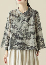 Loose Grey Stand Collar Print Button Linen Blouse Spring