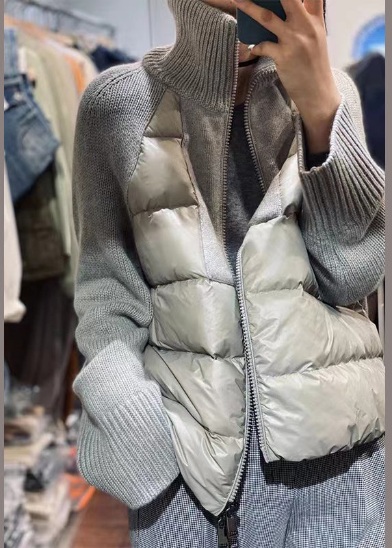 Loose Grey Turtleneck Zip Up Knit Patchwork Parka Long Sleeve