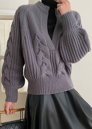 Loose Grey V Neck Cozy Knit Sweaters Long Sleeve