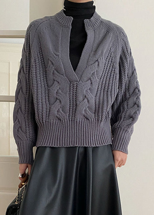 Loose Grey V Neck Cozy Knit Sweaters Long Sleeve