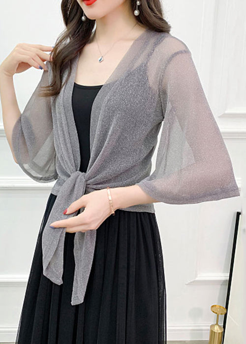 Loose Grey V Neck Lace Up Tulle Cardigans Half Sleeve