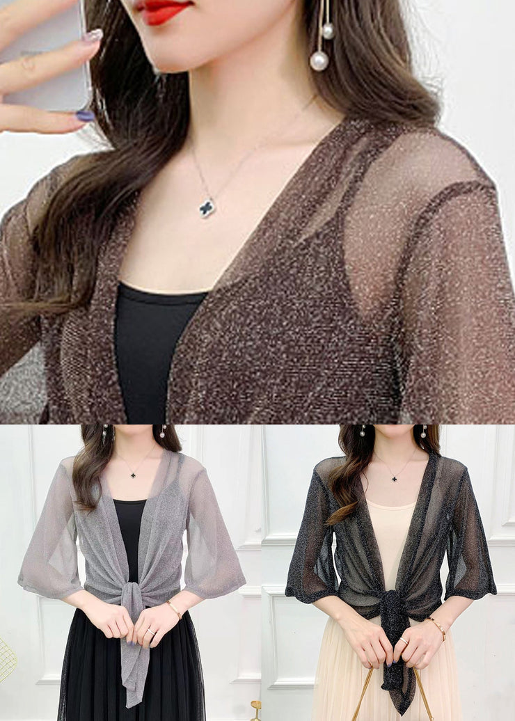 Loose Grey V Neck Lace Up Tulle Cardigans Half Sleeve