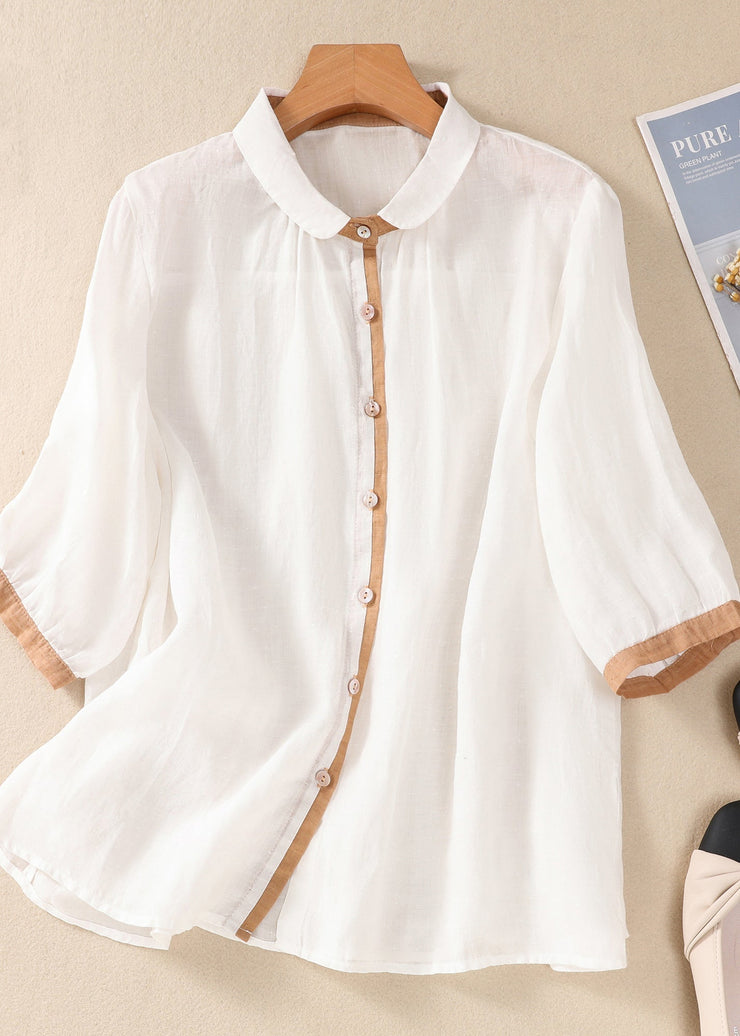 Loose Khaki Peter Pan Collar Button Linen Blouse Tops Summer