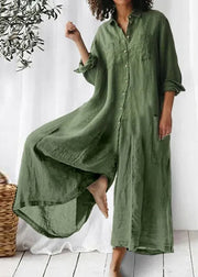 Loose Khaki Peter Pan Collar Button Pockets Linen Jumpsuits Long Sleeve