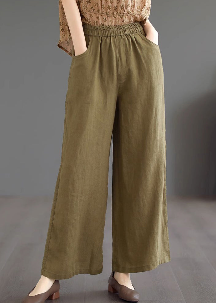 Loose Khaki Pockets Elastic Waist Linen Wide Leg Pants Summer