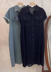 Loose Light Blue Peter Pan Collar Button Denim Shirts Dresses Summer