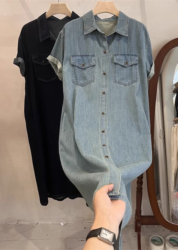 Loose Light Blue Peter Pan Collar Button Denim Shirts Dresses Summer