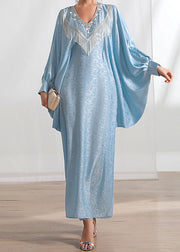 Loose Light Blue Tasseled Zircon Silk Long Dresses Batwing Sleeve