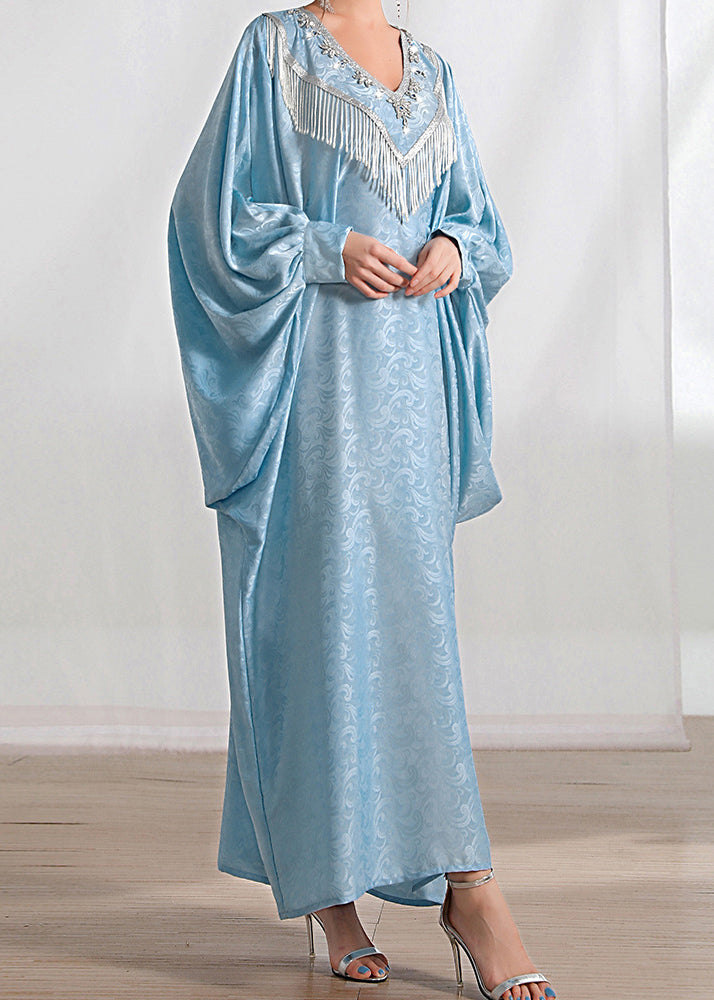 Loose Light Blue Tasseled Zircon Silk Long Dresses Batwing Sleeve