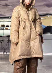 Loose Light Khaki Hooded Drawstring Pockets Duck Down Tops Winter