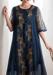 Loose Navy O Neck Print Patchwork Silk Dress Summer