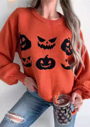 Loose Orange O Neck Cozy Knit Sweater Long Sleeve