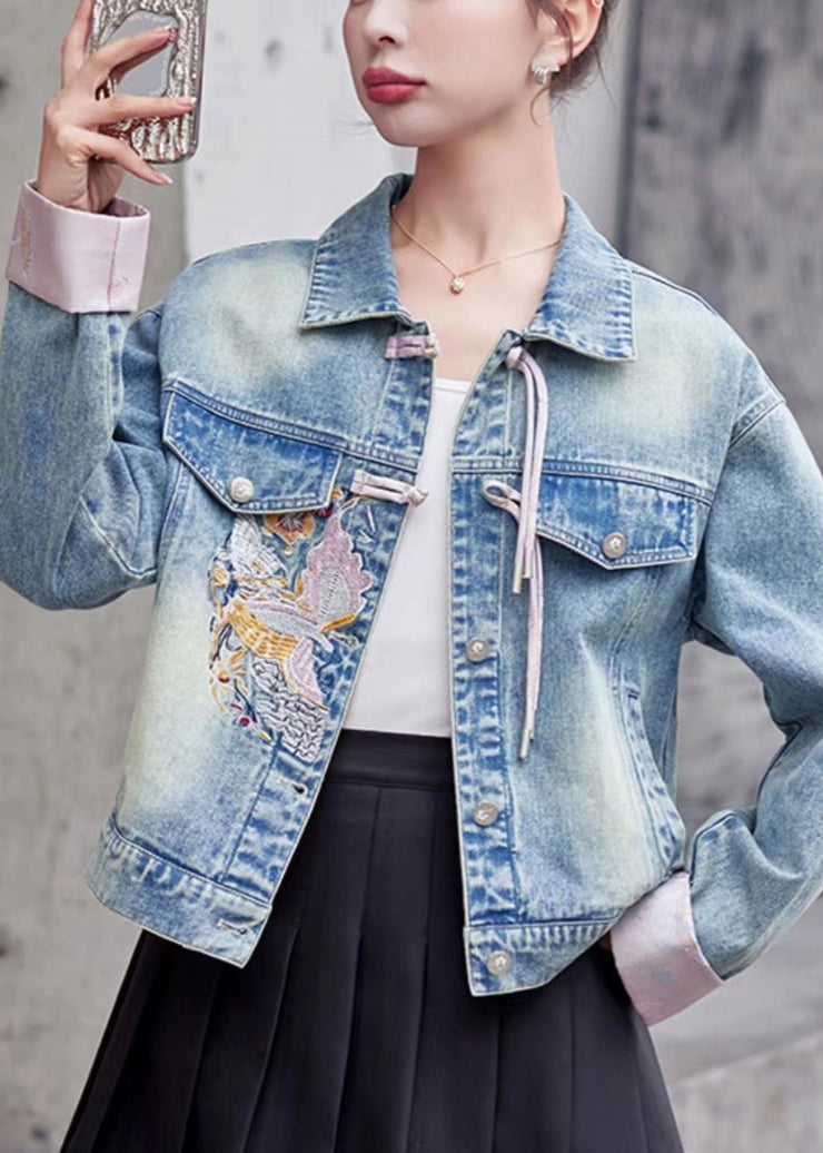 Loose Pink Embroidered Button Denim Coat Long Sleeve