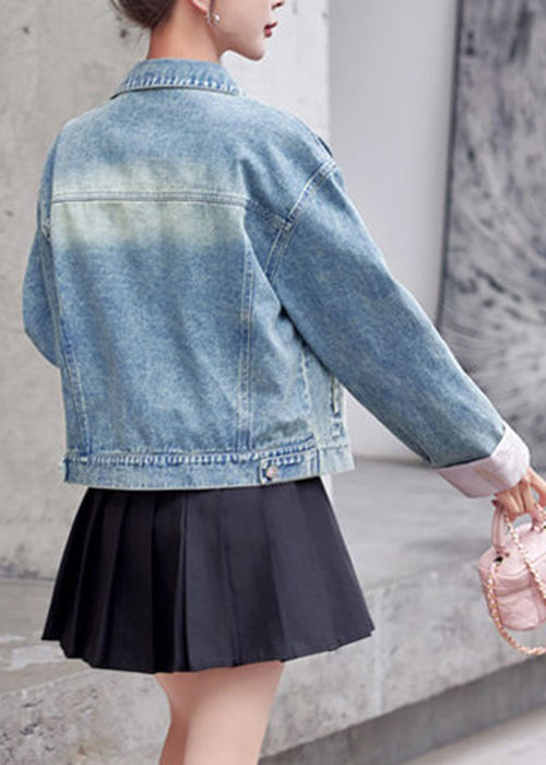 Loose Pink Embroidered Button Denim Coat Long Sleeve