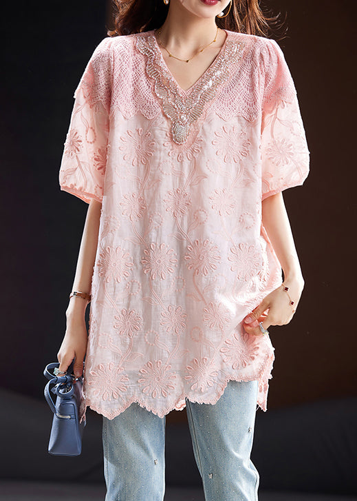 Loose Pink Embroidered Nail Bead Cotton Top Summer