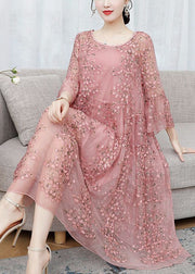 Loose Pink Embroideried Ruffled Lace Up Silk Dresses Flare Sleeve