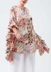 Loose Pink Print Ruffled Laace Up Chiffon Blouse Tops Butterfly Sleeve