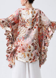 Loose Pink Print Ruffled Laace Up Chiffon Blouse Tops Butterfly Sleeve