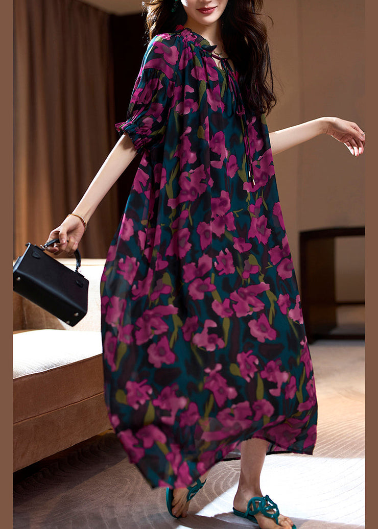 Loose Purple Print Ruffled Lace Up Chiffon Long Dresses Summer