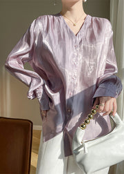 Loose Purple V Neck Solid Silk Shirt Long Sleeve