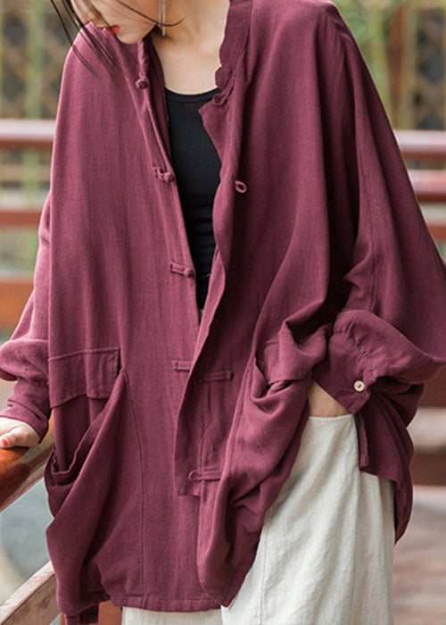 Loose Purplish Red Button Pockets Linen Coat Long Sleeve