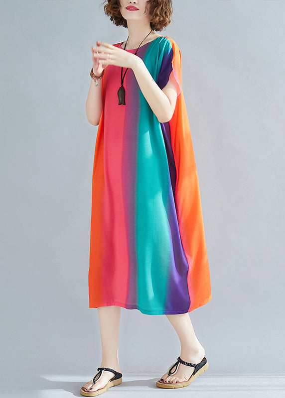 Loose Rainbow Striped O Neck Pockets Cotton Dress Summer